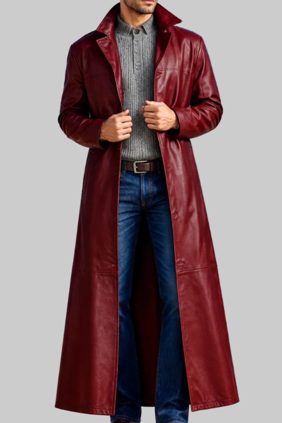 Reid - Men's Long Leather Coat with Stand Collar