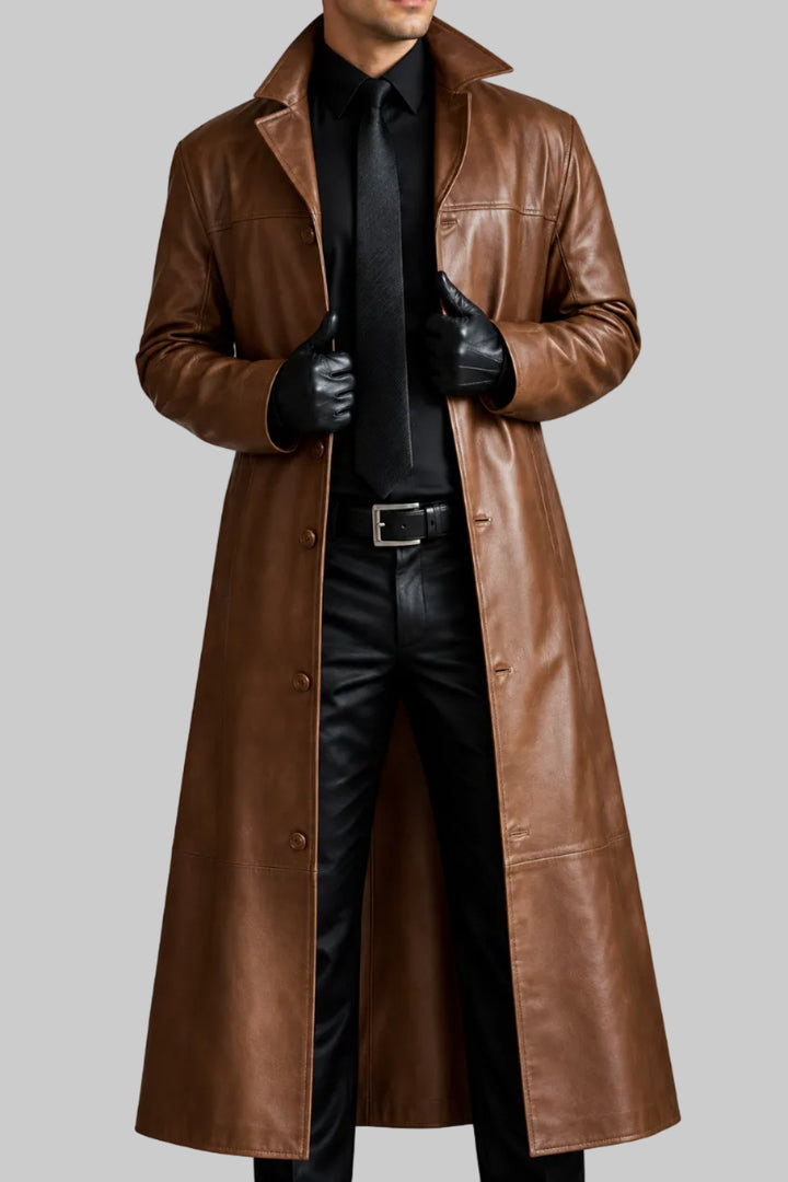 Reid - Men's Long Leather Coat with Stand Collar