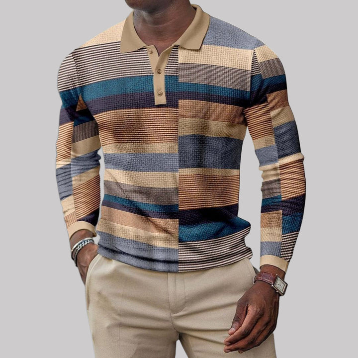 Robert - Men's Striped Ribbed Long Sleeve Polo Shirt