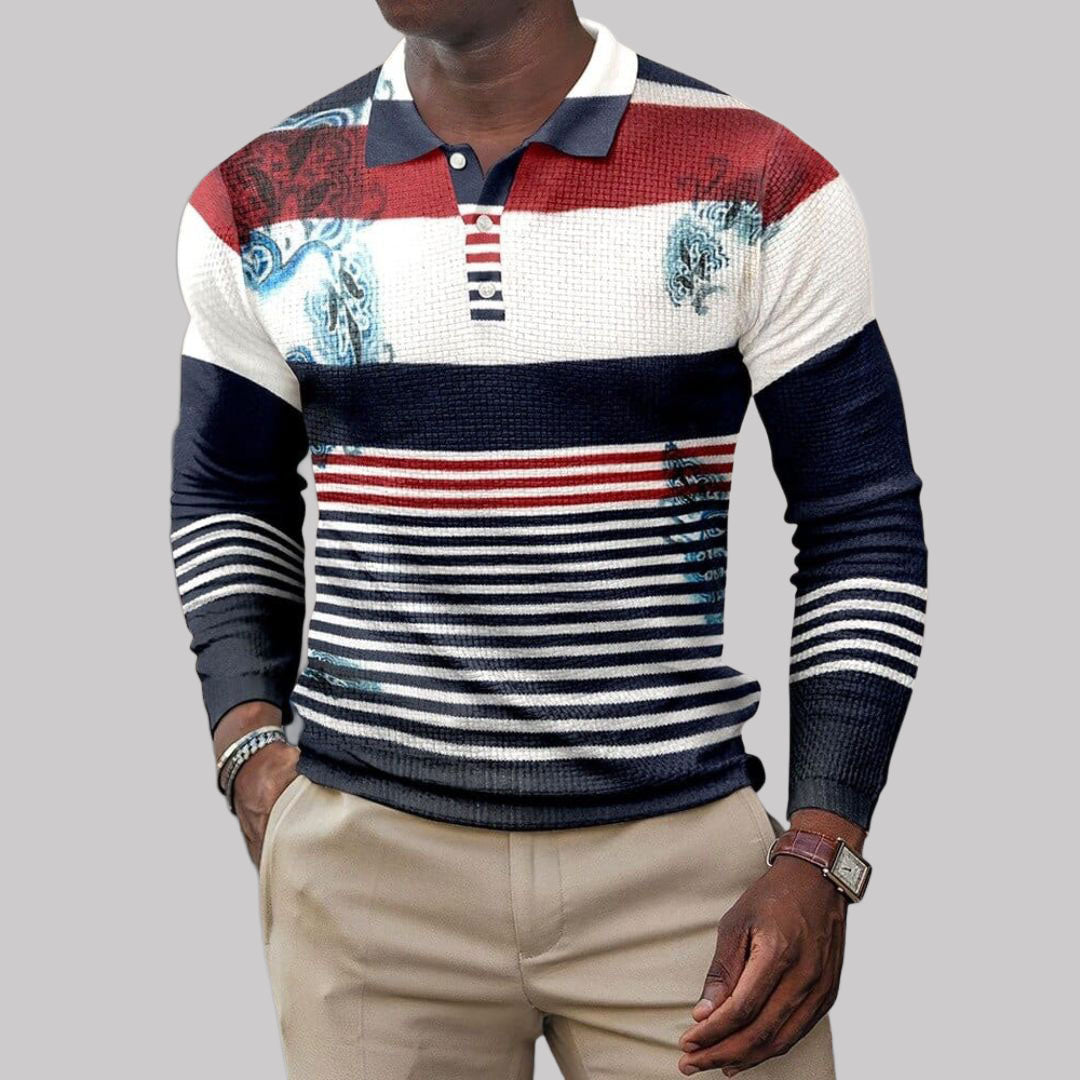 Robert - Men's Striped Ribbed Long Sleeve Polo Shirt