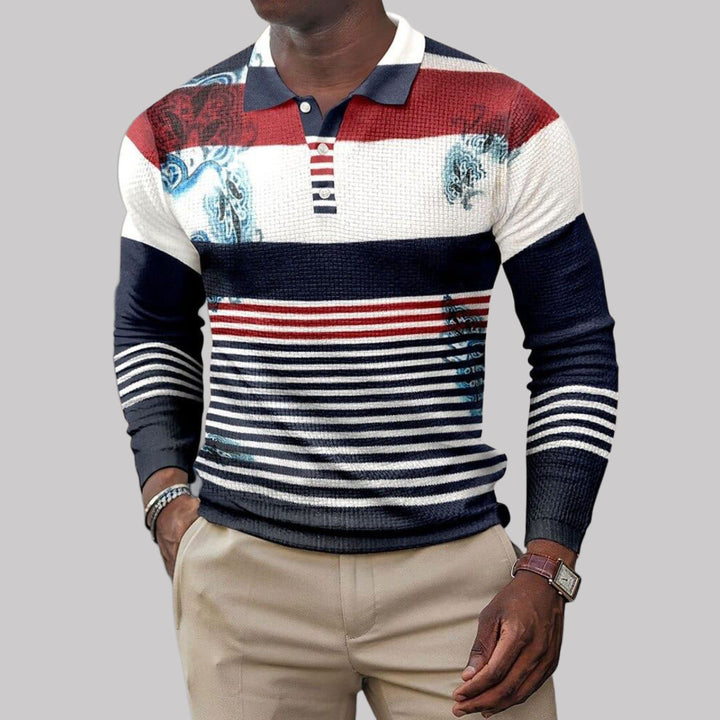Robert - Men's Striped Ribbed Long Sleeve Polo Shirt