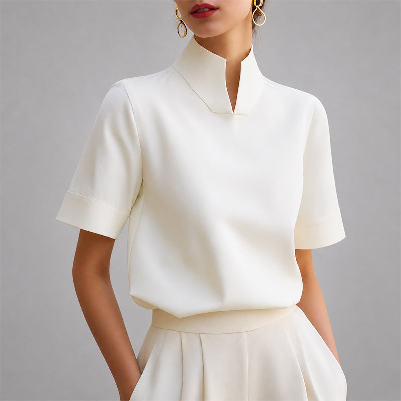 Sabine - Women's Stand Collar V-Cut Short-Sleeve Blouse