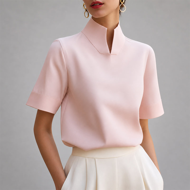 Sabine - Women's Stand Collar V-Cut Short-Sleeve Blouse