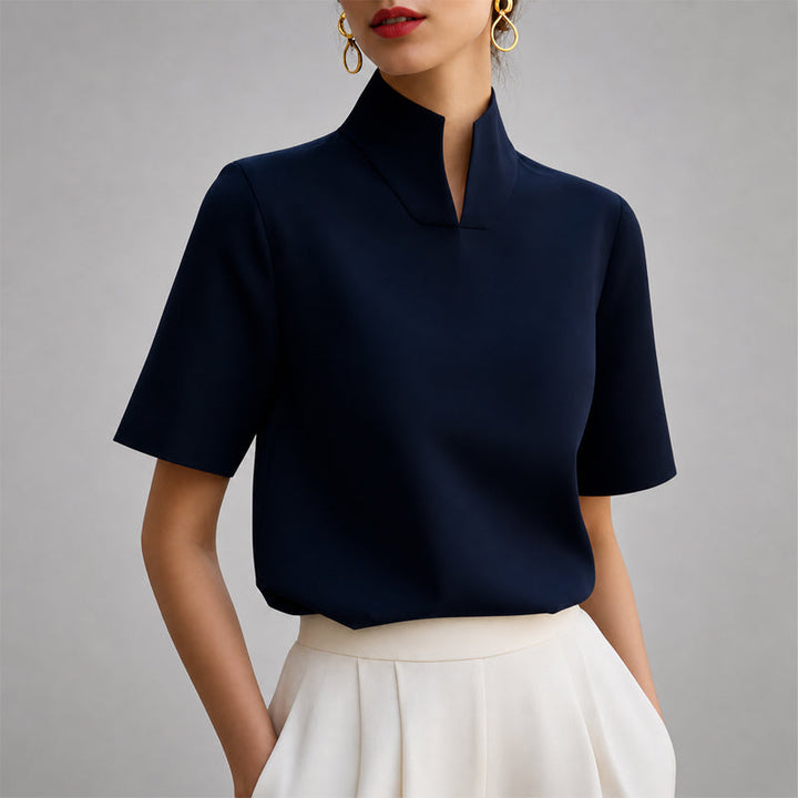 Sabine - Women's Stand Collar V-Cut Short-Sleeve Blouse