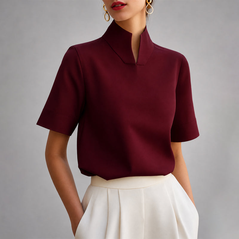 Sabine - Women's Stand Collar V-Cut Short-Sleeve Blouse