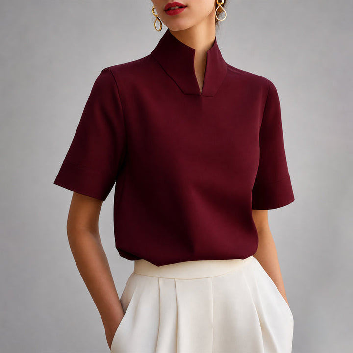 Sabine - Women's Stand Collar V-Cut Short-Sleeve Blouse