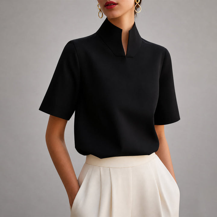 Sabine - Women's Stand Collar V-Cut Short-Sleeve Blouse