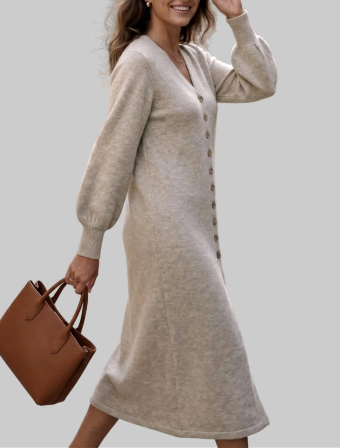 Tessa - Women’s Button-Front Long Knit Dress with V-Neck 2