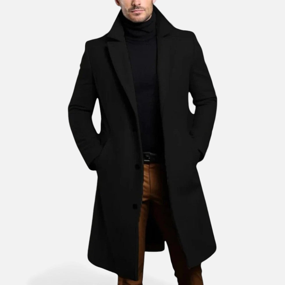 Theron - Men's Wool-Blend Longline Coat with Notch Lapels
