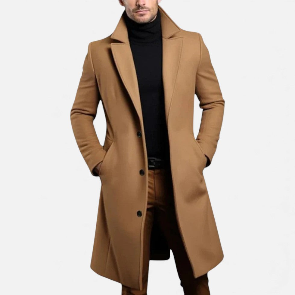Theron - Men's Wool-Blend Longline Coat with Notch Lapels