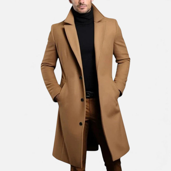 Theron - Men's Wool-Blend Longline Coat with Notch Lapels