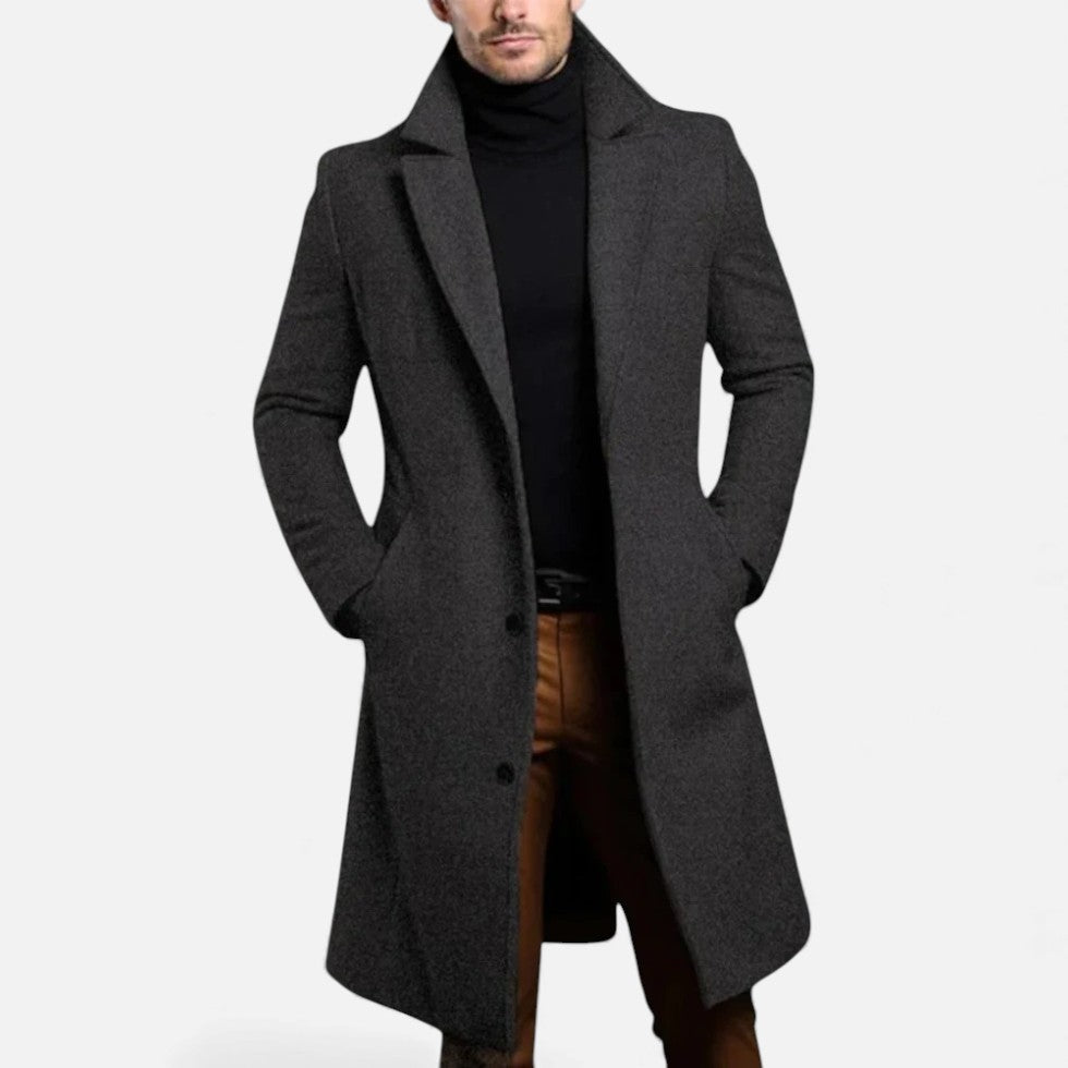 Theron - Men's Wool-Blend Longline Coat with Notch Lapels