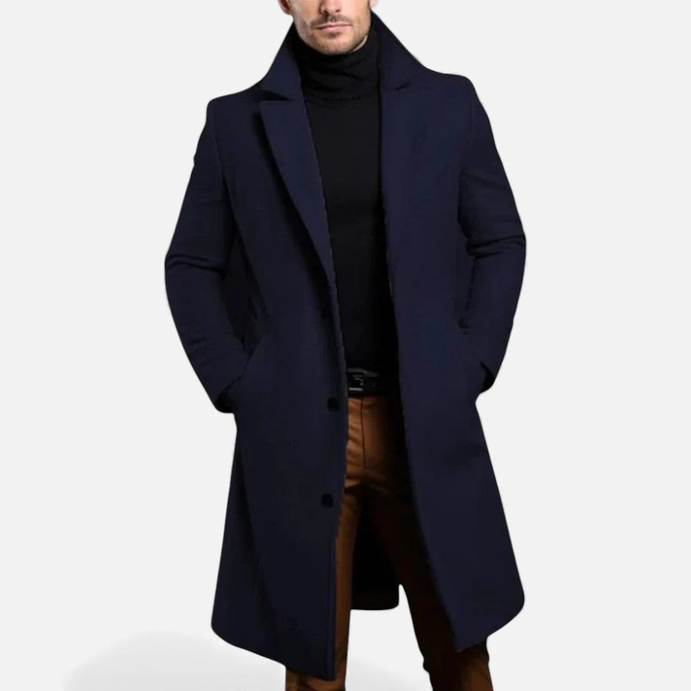 Theron - Men's Wool-Blend Longline Coat with Notch Lapels