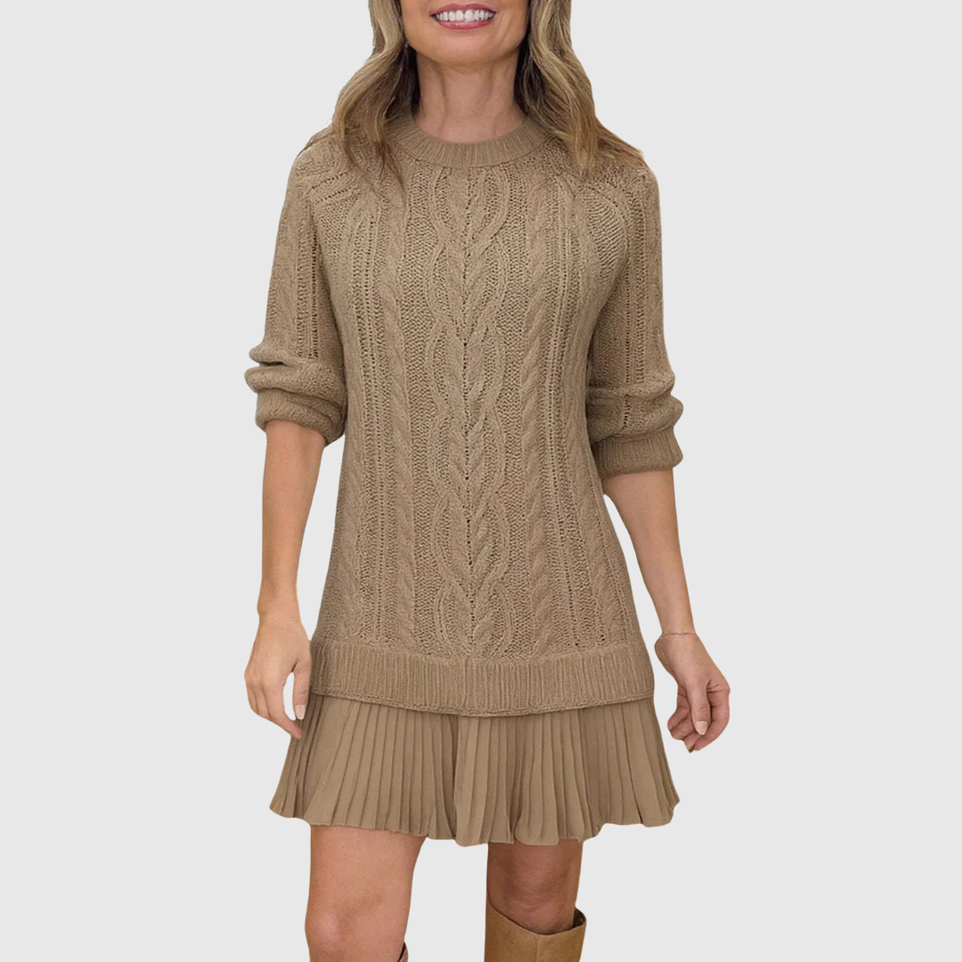 Tilda - Women's Cable-Knit Sweater Dress with Pleated Drop Hem