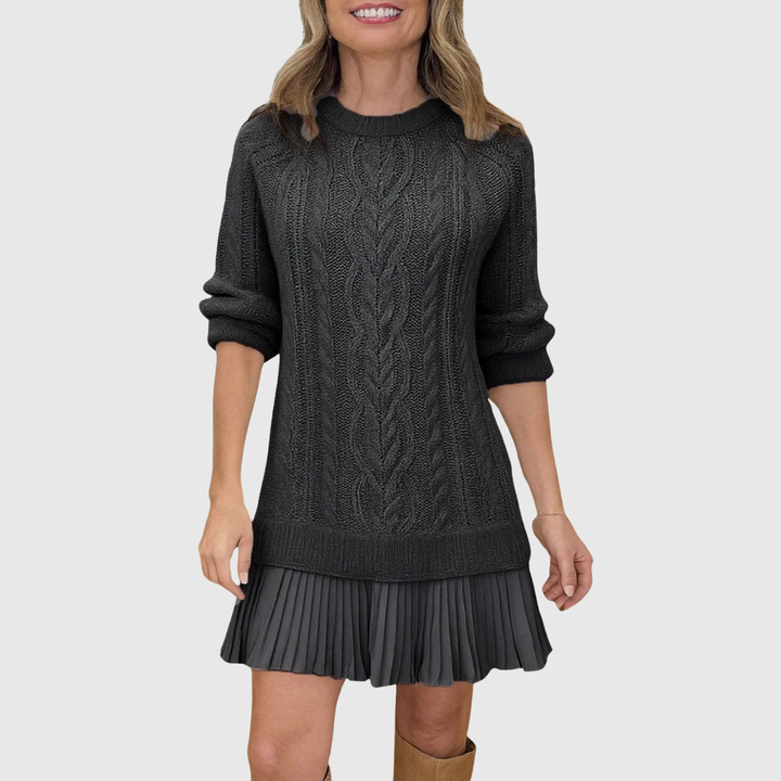 Tilda - Women's Cable-Knit Sweater Dress with Pleated Drop Hem