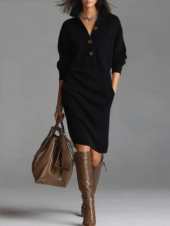 Victoria - Women's Ribbed Button-Front Collared Midi Dress