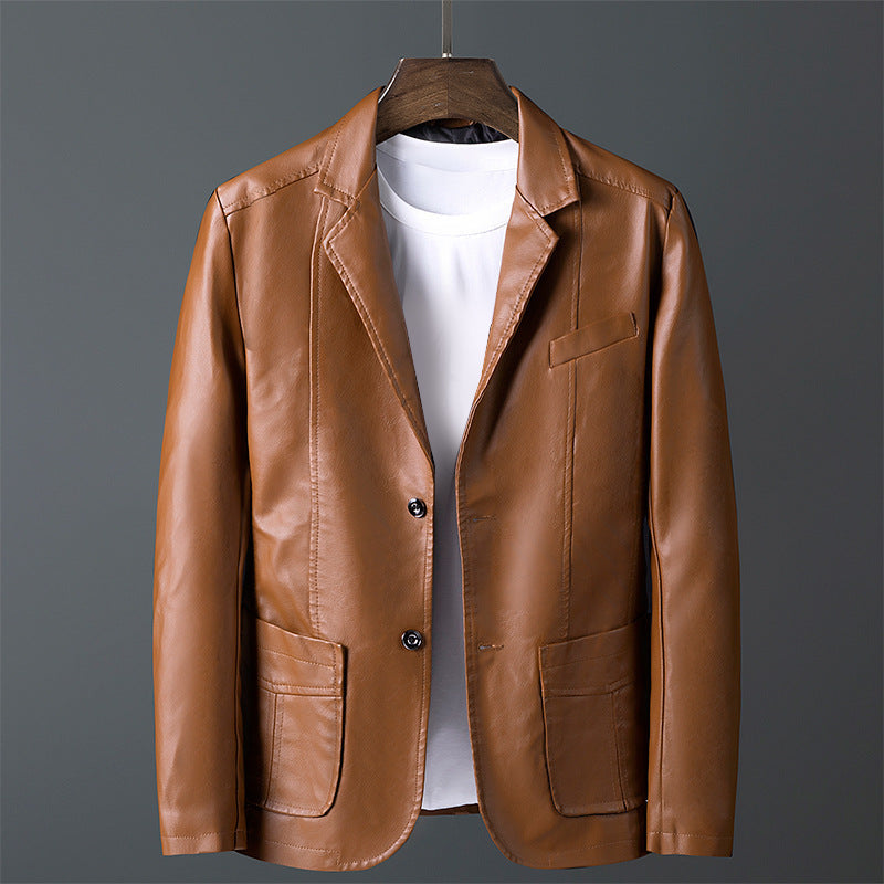 Walker - Men's Notch Lapel Leather Blazer with Button Closure