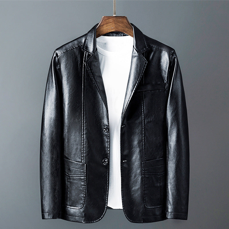 Walker - Men's Notch Lapel Leather Blazer with Button Closure