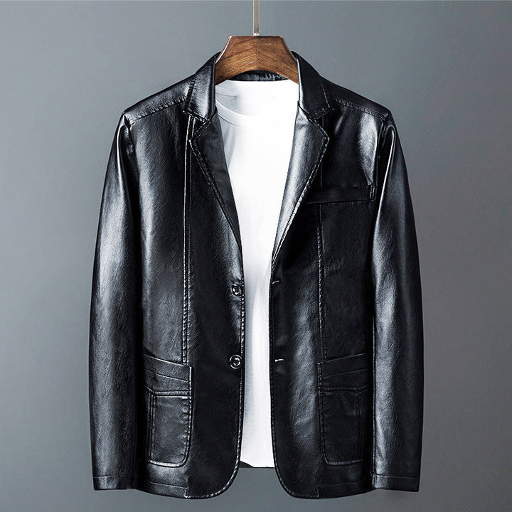Walker - Men's Notch Lapel Leather Blazer with Button Closure