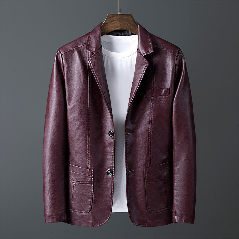 Walker - Men's Notch Lapel Leather Blazer with Button Closure