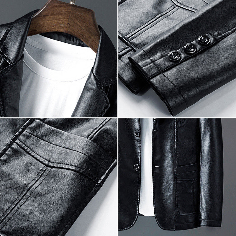 Walker - Men's Notch Lapel Leather Blazer with Button Closure